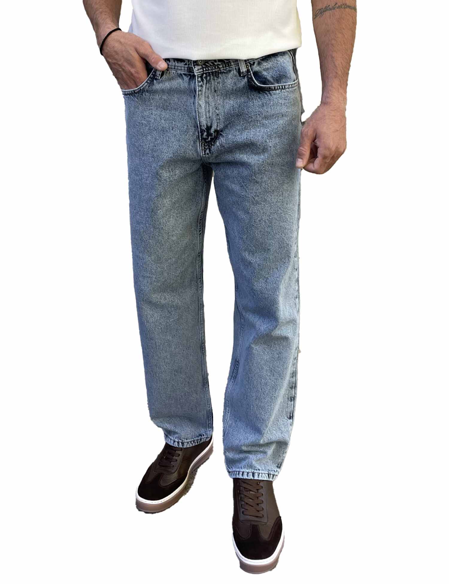 Ανδρικό μπλε πλυμένο Loose τζιν ελαστικό πεντάτσεπο με φερμουάρ G81087 φωτογραφία